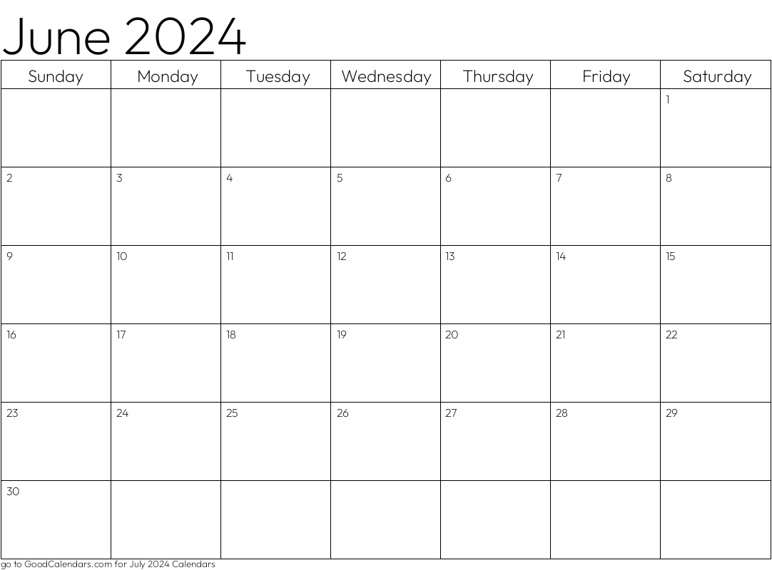 Standard June 2024 Calendar Template in Landscape
