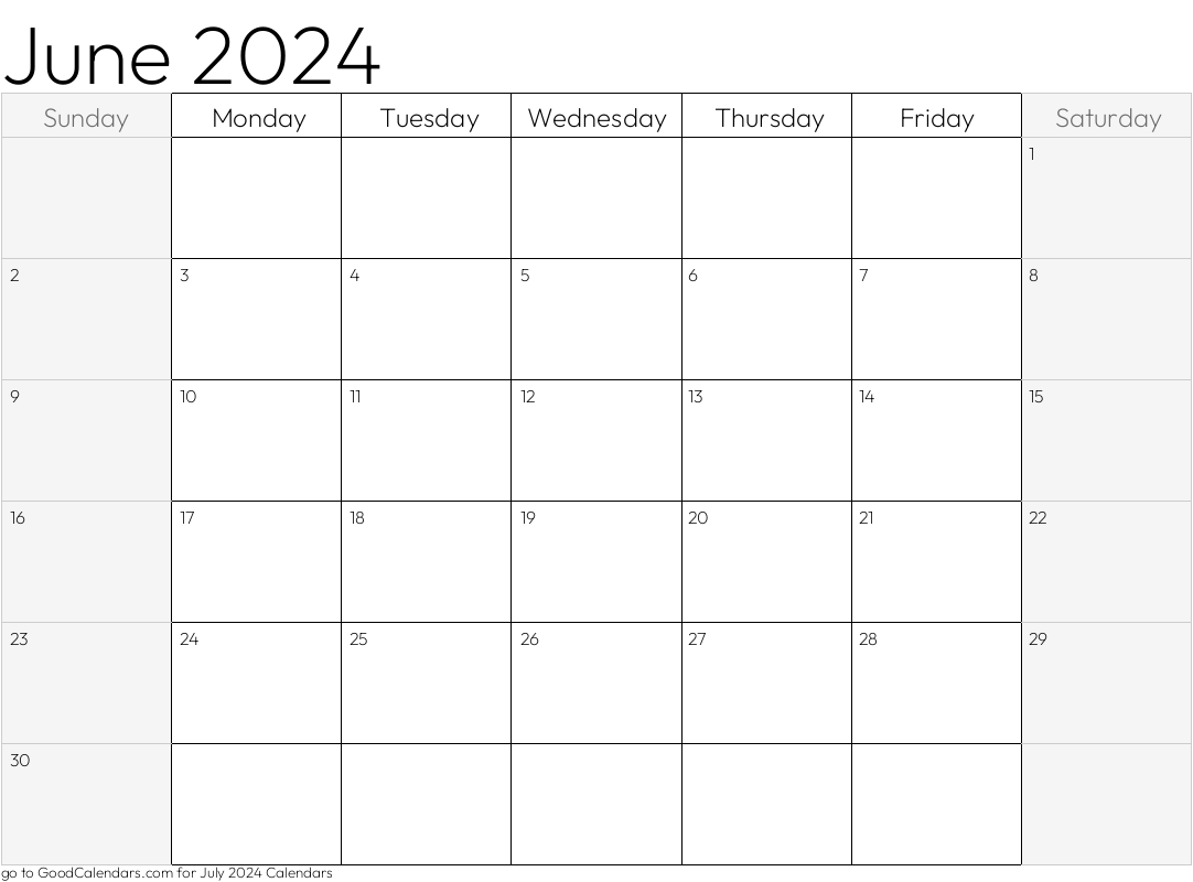 Shaded Weekends June 2024 Calendar Template in Landscape