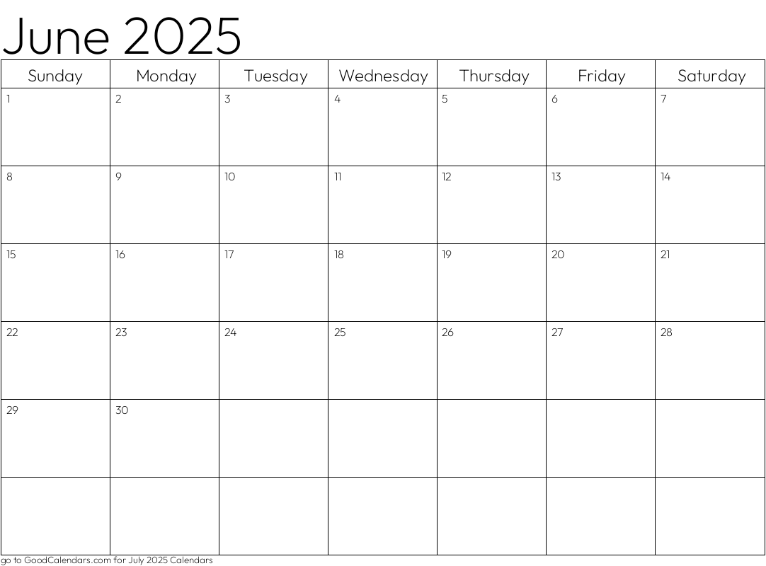 Standard June 2025 Calendar Template in Landscape