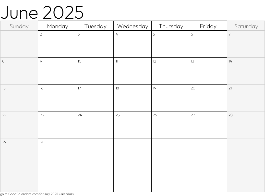 Shaded Weekends June 2025 Calendar Template in Landscape