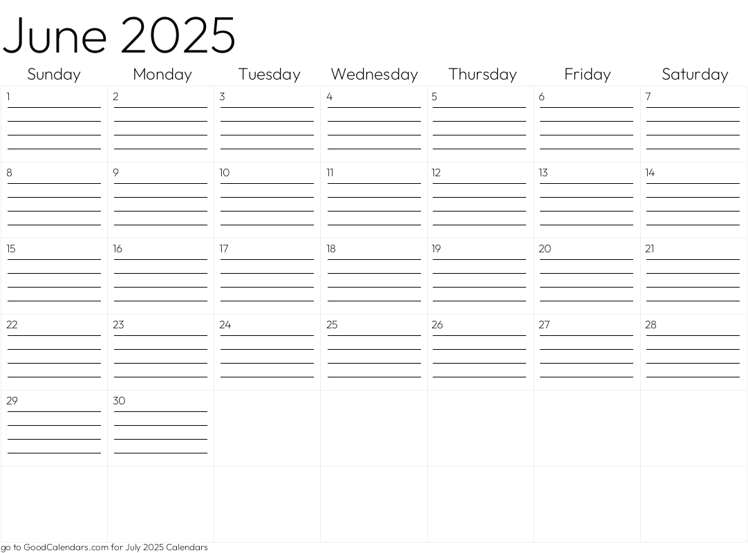 Lined June 2025 Calendar Template in Landscape