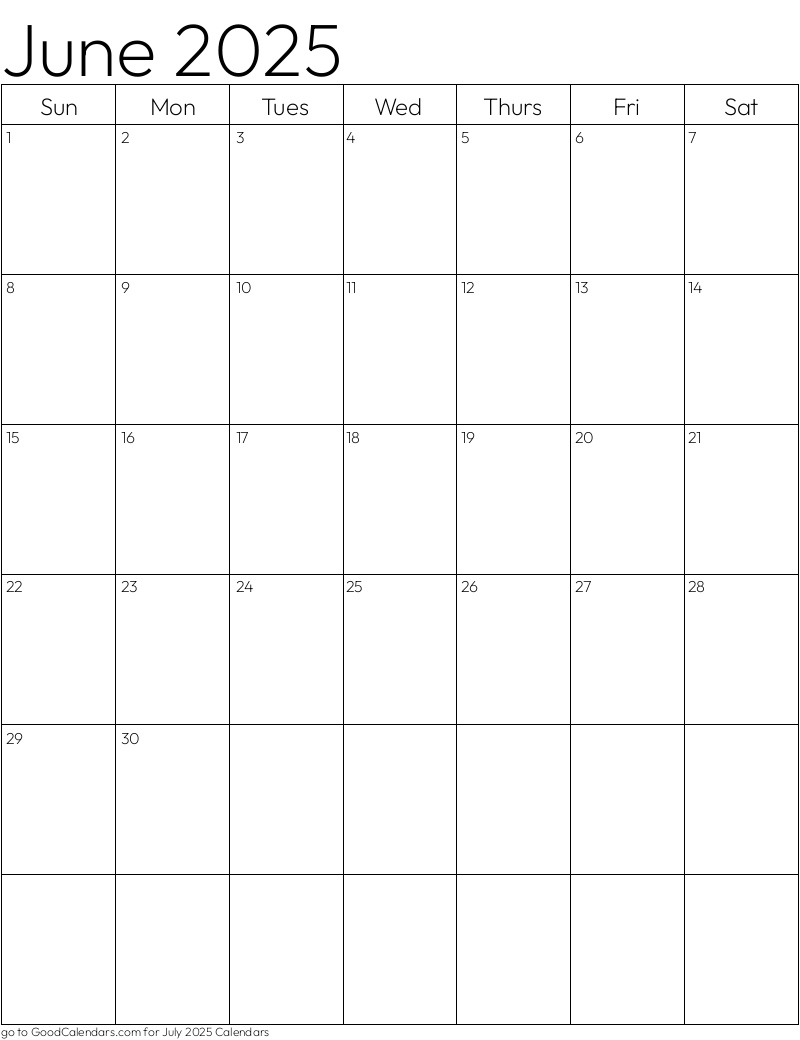 Standard June 2025 Calendar Template in Portrait