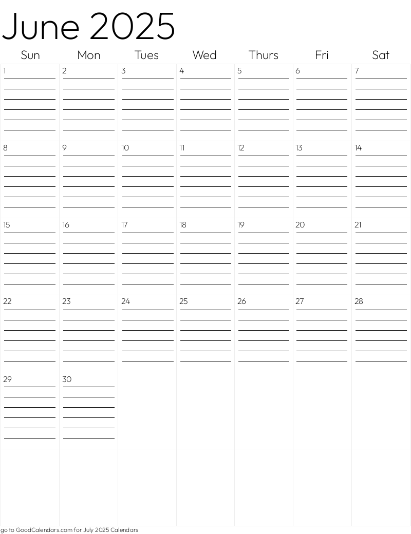 Lined June 2025 Calendar Template in Portrait