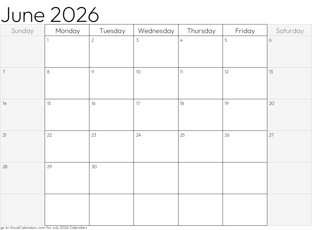 Shaded Weekends June 2026 Calendar Template in Landscape