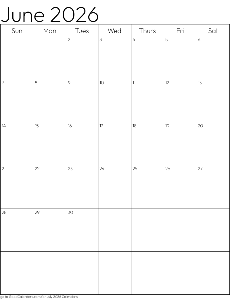 Standard June 2026 Calendar