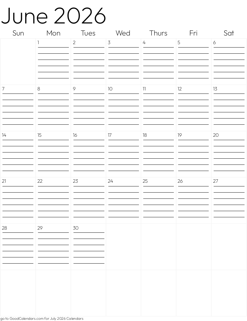 Lined June 2026 Calendar Template in Portrait