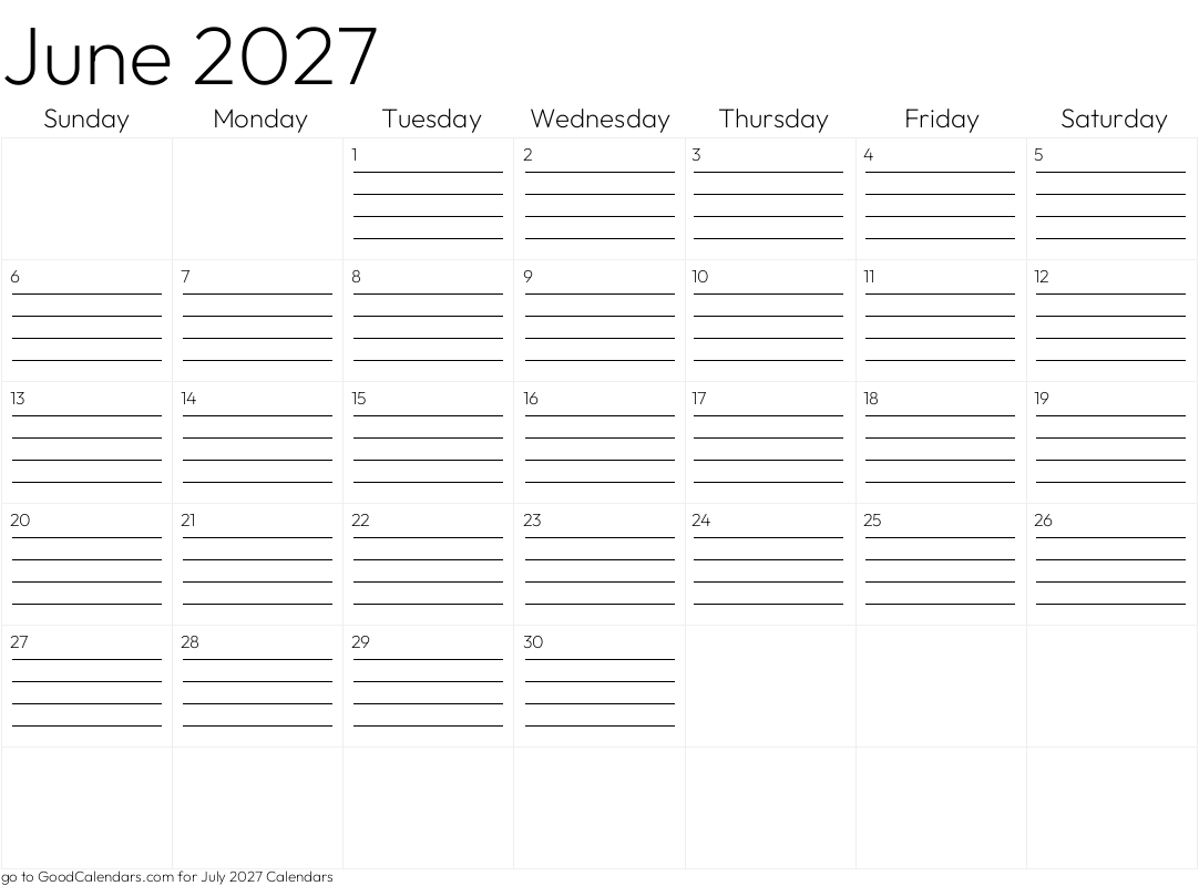 Lined June 2027 Calendar Template in Landscape