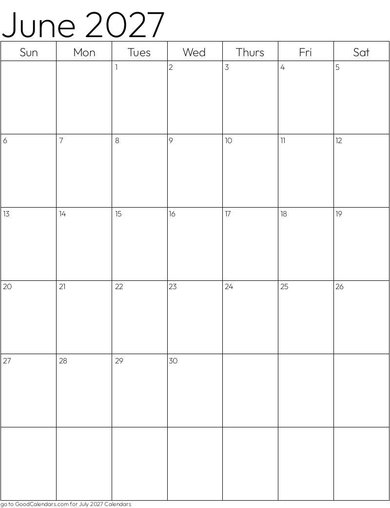 Standard June 2027 Calendar