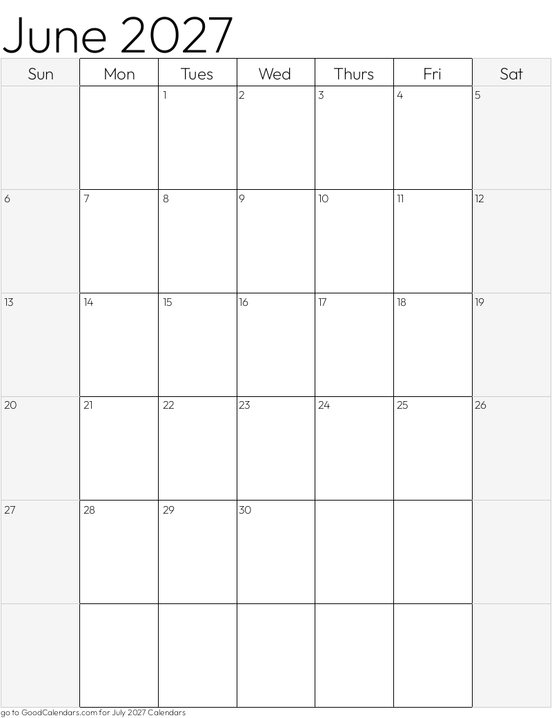 Select A Style For Your June 2027 Calendar In Portrait