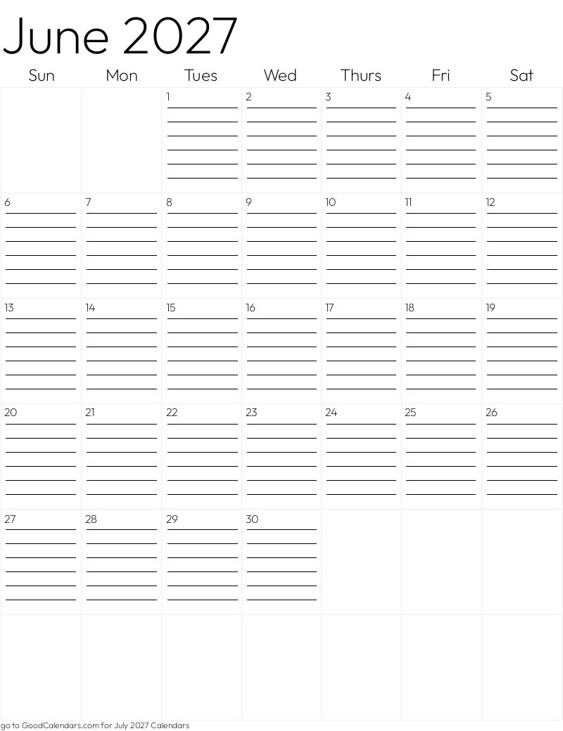 Lined June 2027 Calendar Template in Portrait