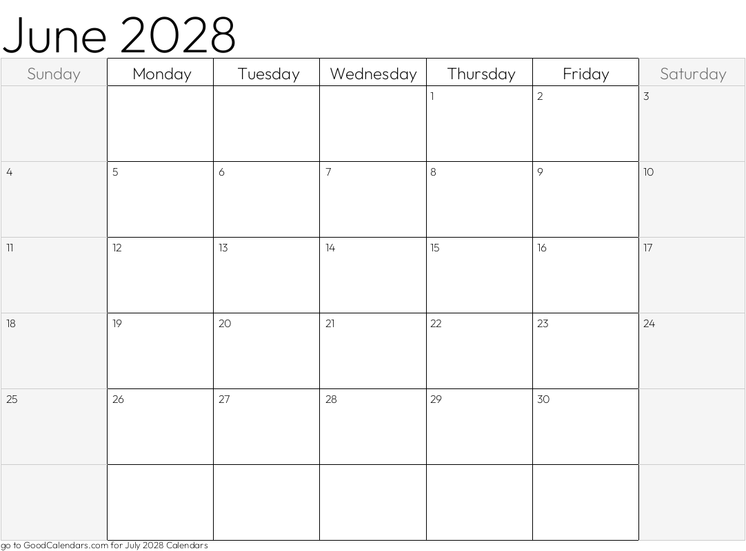 Shaded Weekends June 2028 Calendar Template in Landscape