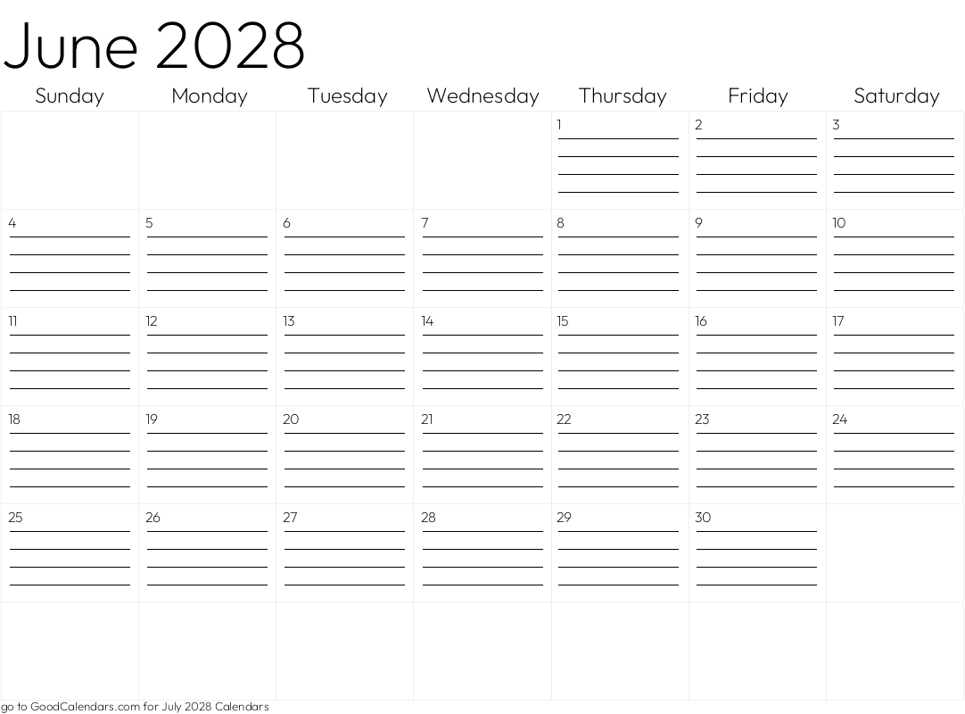 Lined June 2028 Calendar Template in Landscape