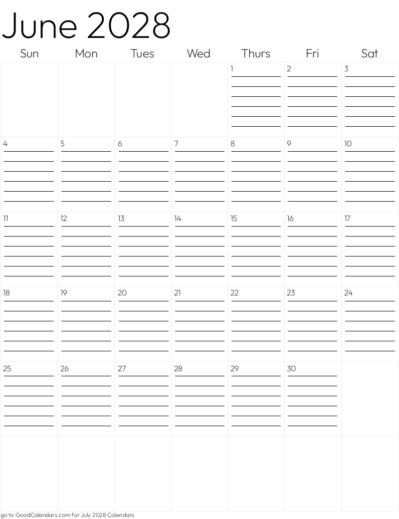 Lined June 2028 Calendar Template in Portrait