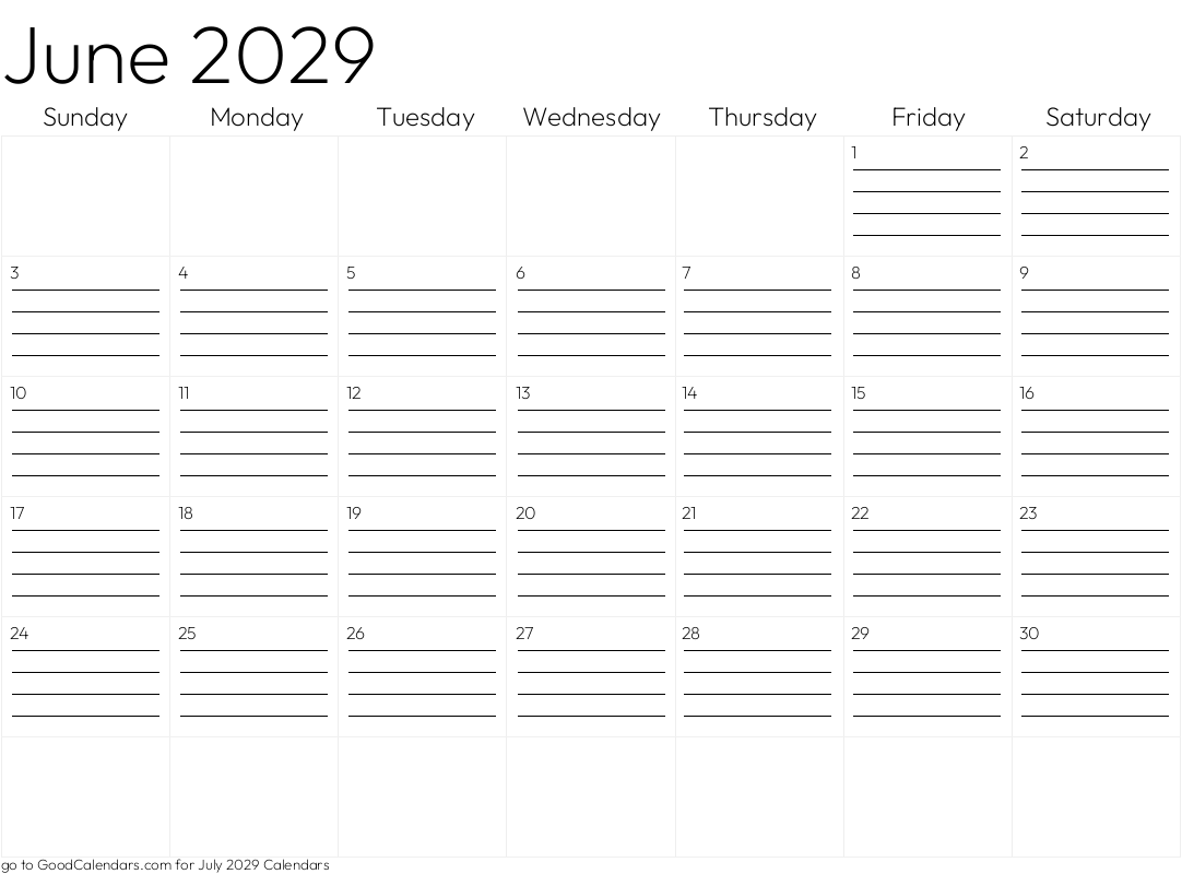 Lined June 2029 Calendar Template in Landscape