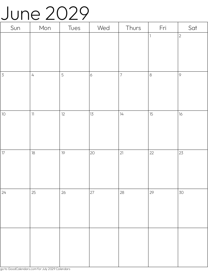 Standard June 2029 Calendar