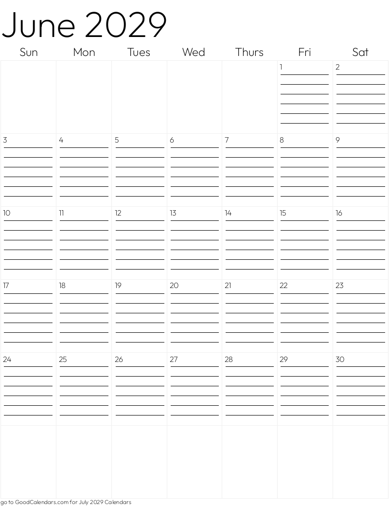 Lined June 2029 Calendar Template in Portrait