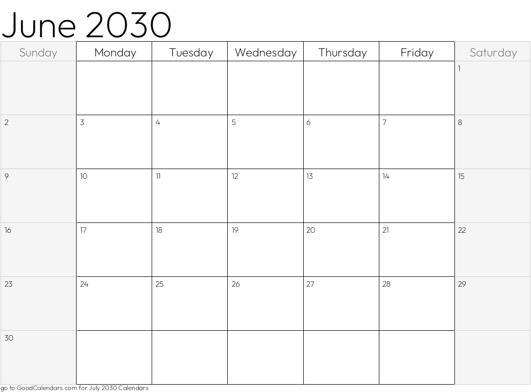 Shaded Weekends June 2030 Calendar Template in Landscape