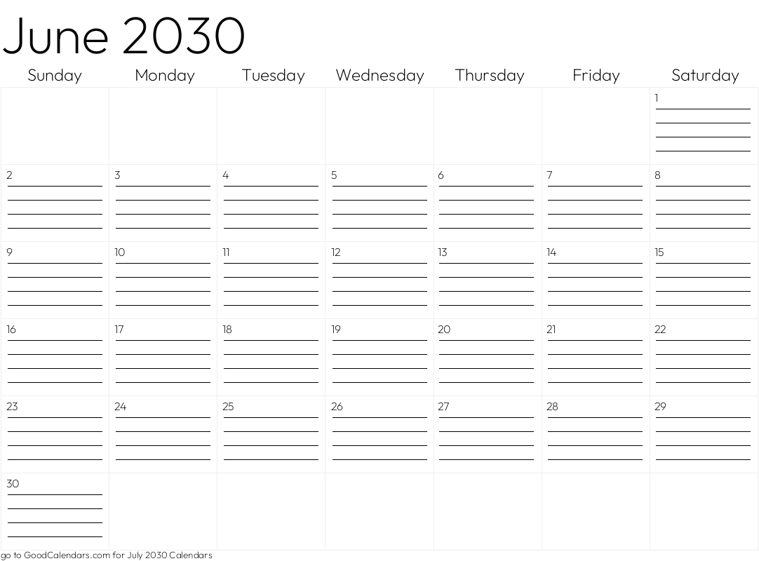 Lined June 2030 Calendar Template in Landscape