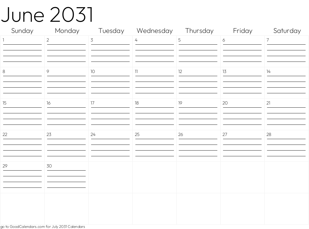 Lined June 2031 Calendar Template in Landscape