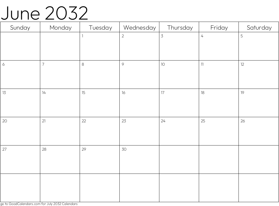 Standard June 2032 Calendar Template in Landscape