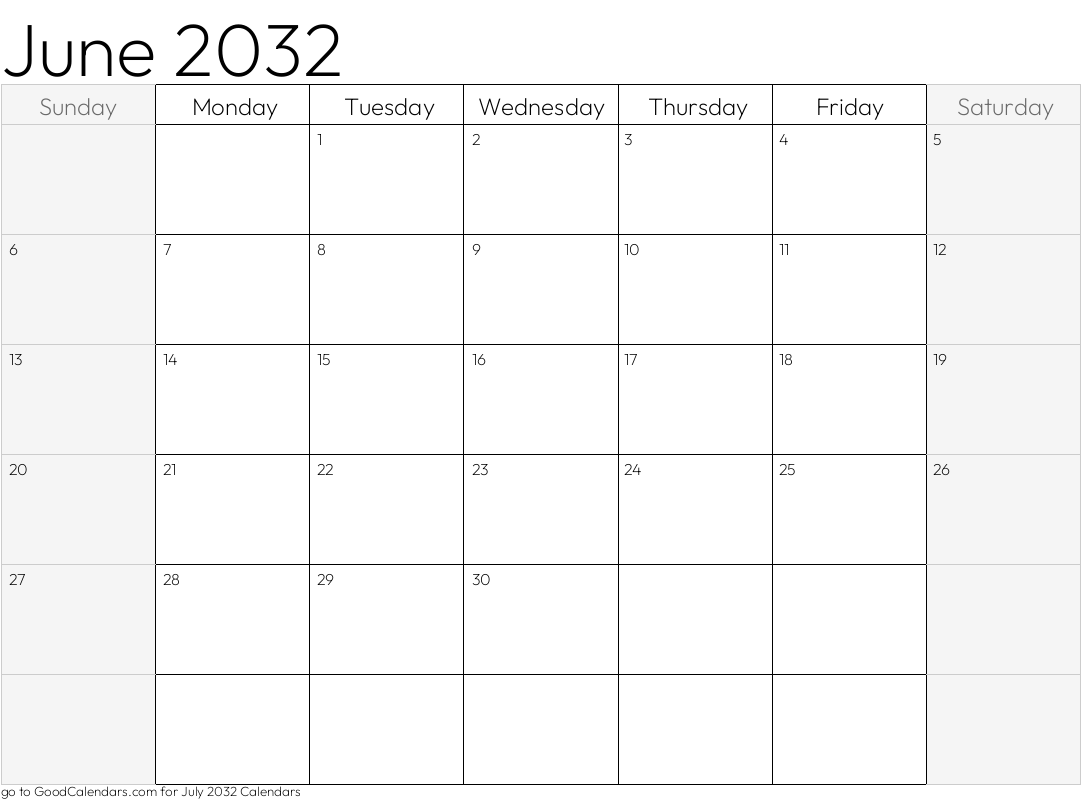 June 2032 Calendar with shaded weekends