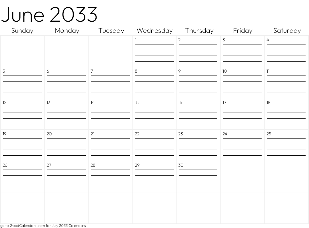 Lined June 2033 Calendar Template in Landscape