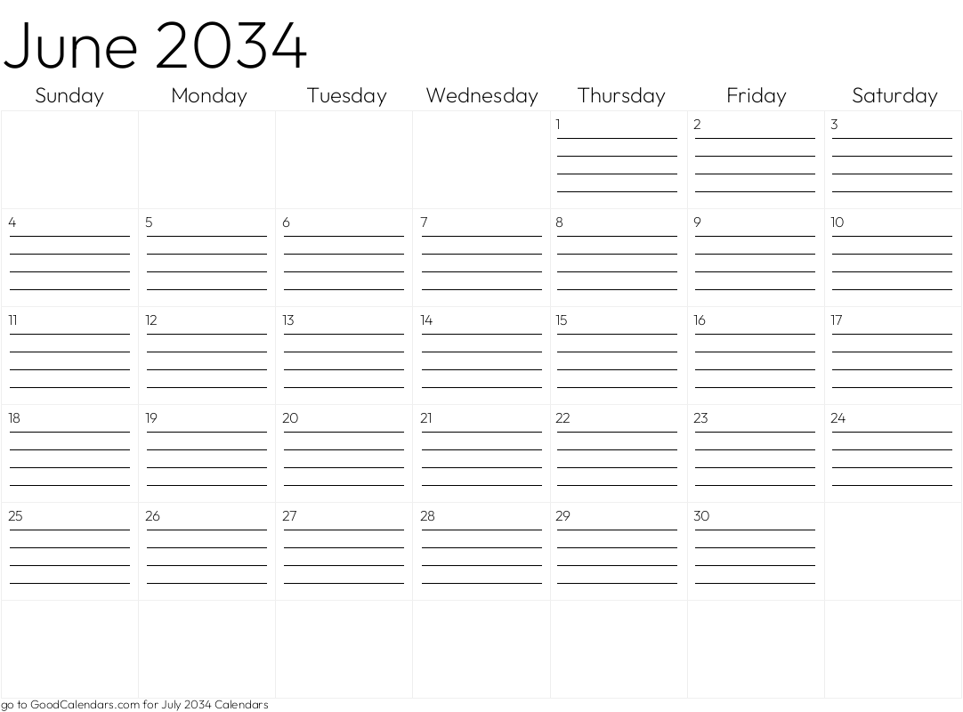 Lined June 2034 Calendar Template in Landscape