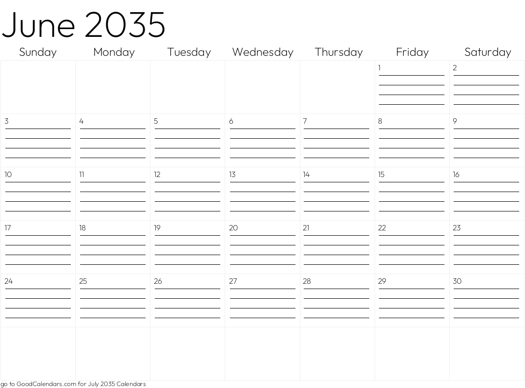 Lined June 2035 Calendar Template in Landscape