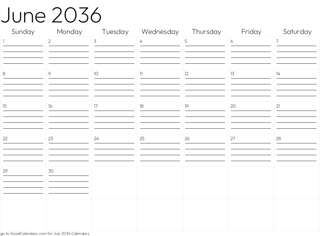 Lined June 2036 Calendar Template in Landscape