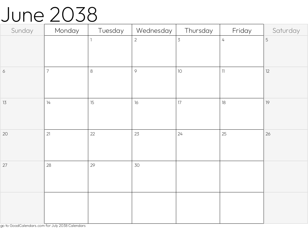 June 2038 Calendar with shaded weekends