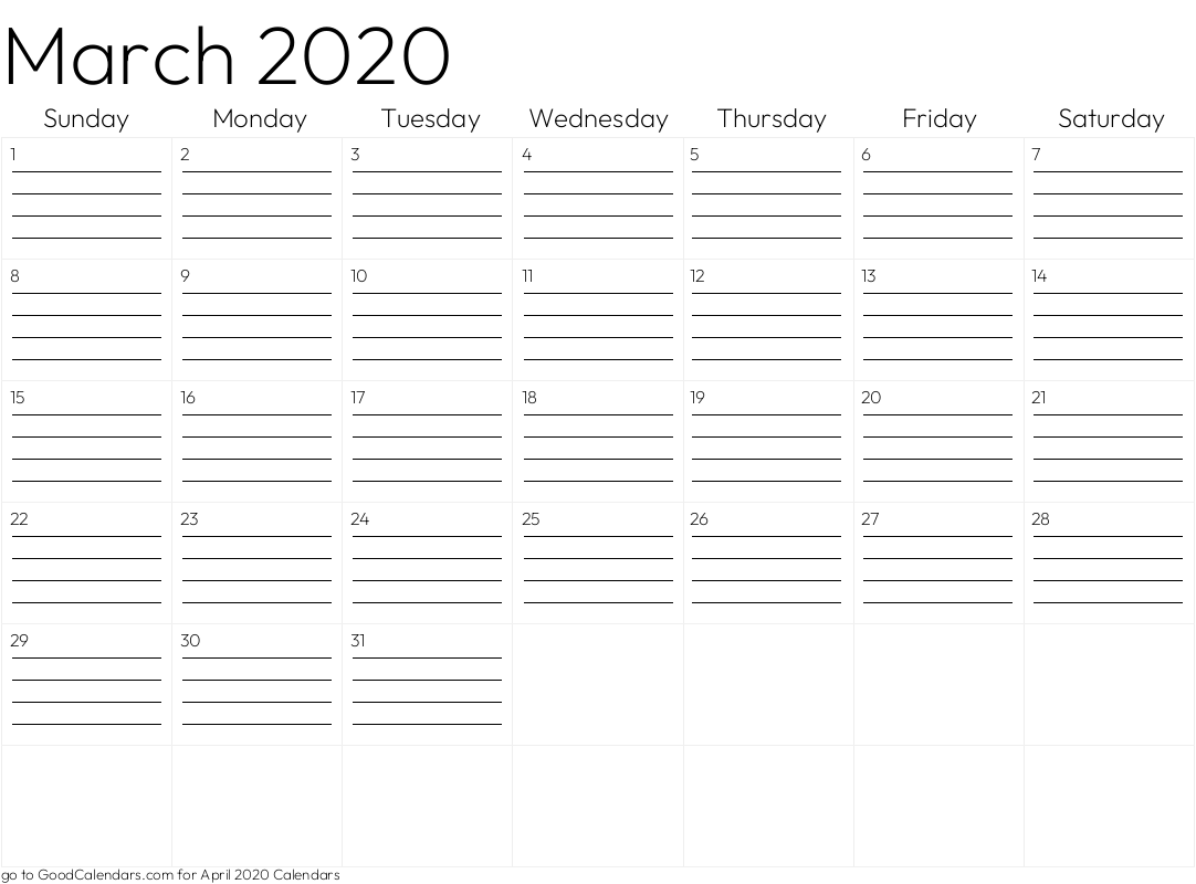 Lined March 2020 Calendar Template in Landscape