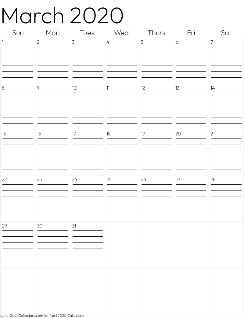 Lined March 2020 Calendar Template in Portrait