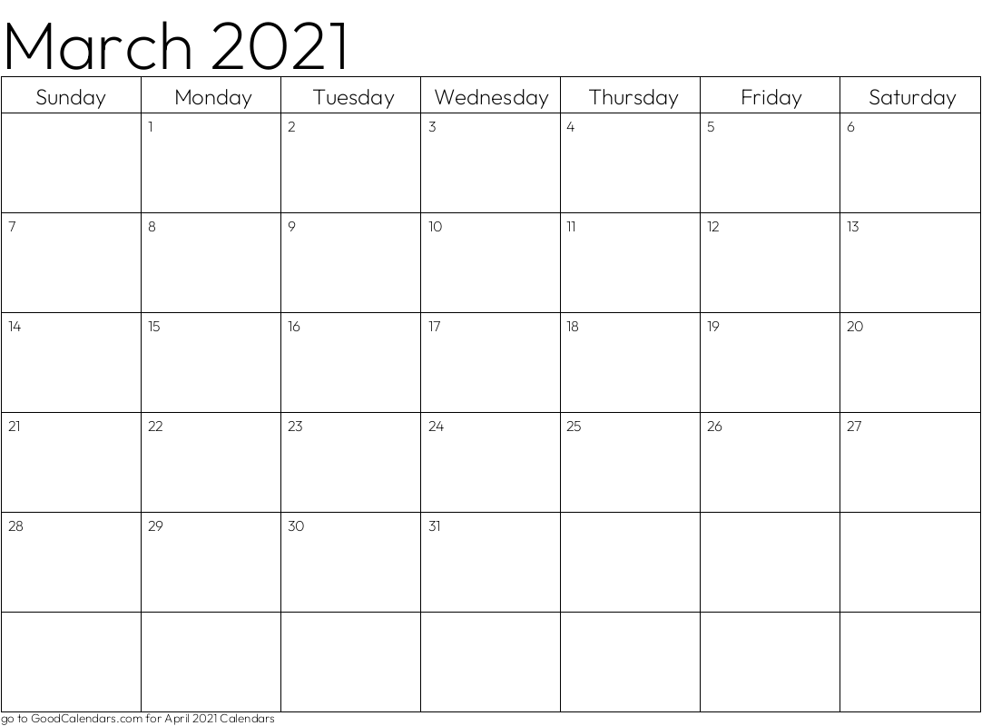 Standard March 2021 Calendar Template In Landscape
