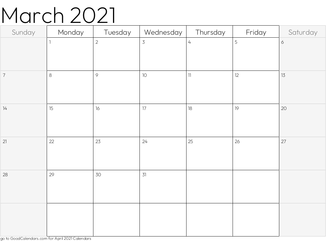 Shaded Weekends March 2021 Calendar Template in Landscape