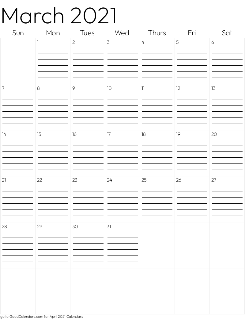 Lined March 2021 Calendar Template in Portrait