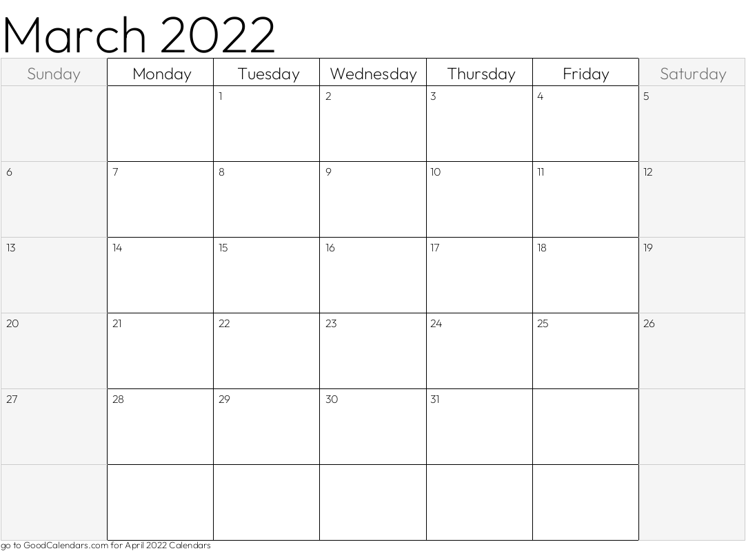 Shaded Weekends March 2022 Calendar Template in Landscape