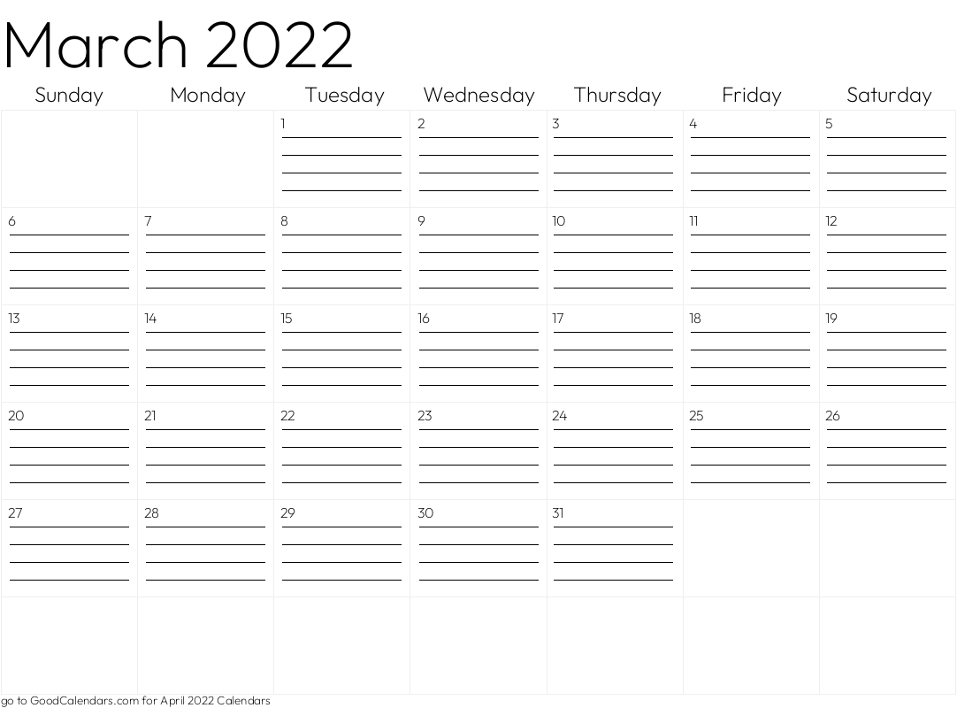 Lined March 2022 Calendar