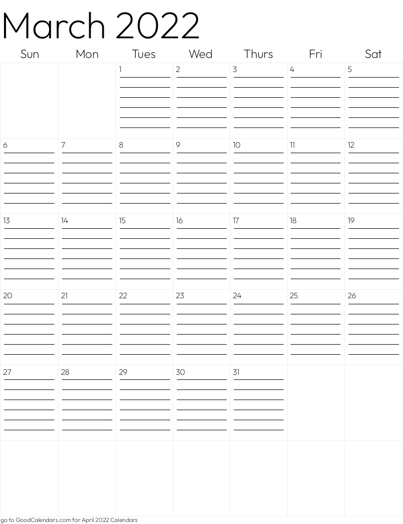 Lined March 2022 Calendar Template in Portrait