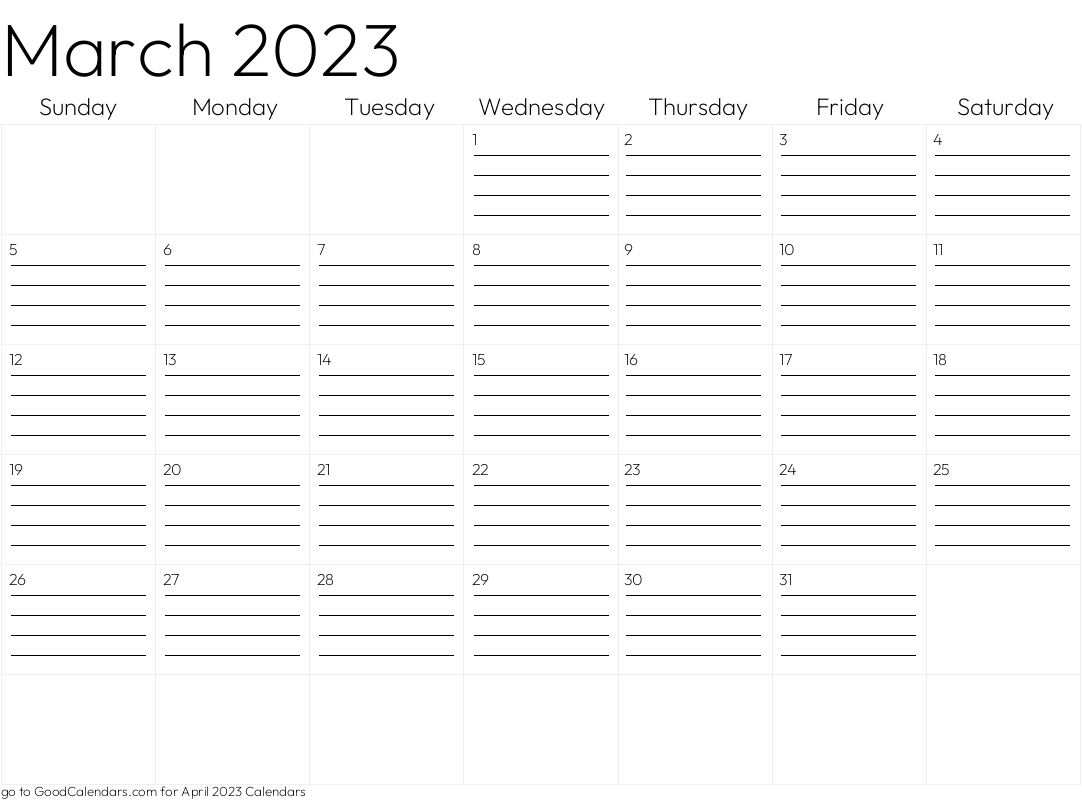 March 2023 Lined Calendar