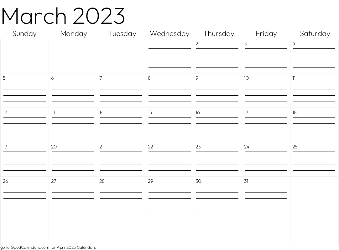 Lined March 2023 Calendar Template in Landscape