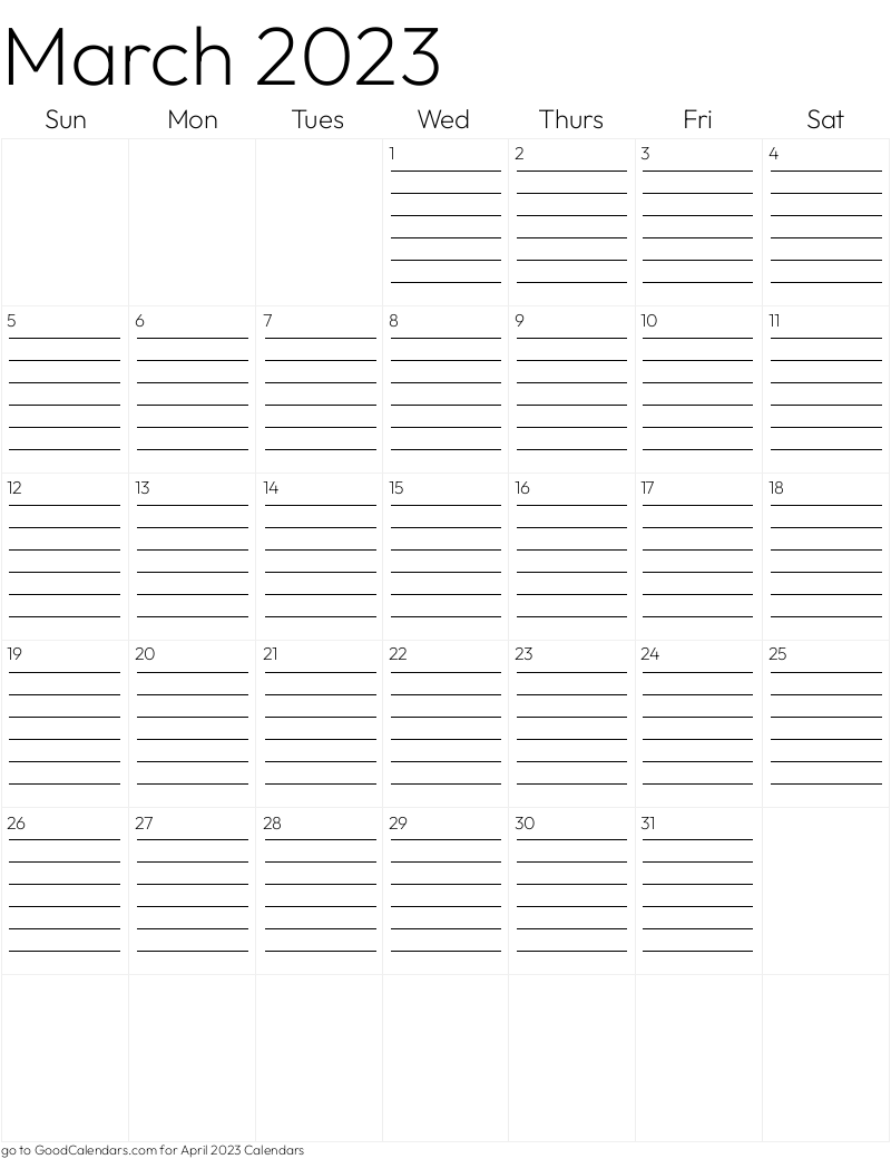 Lined March 2023 Calendar Template in Portrait