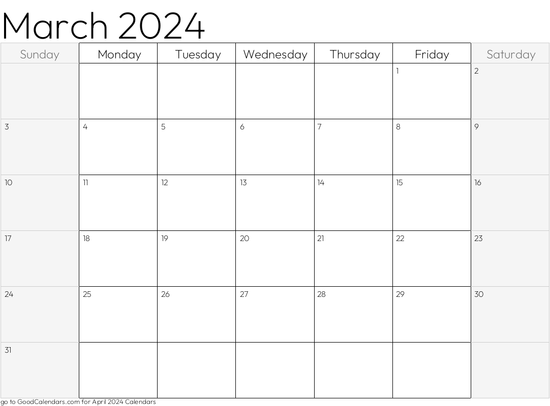 Shaded Weekends March 2024 Calendar Template in Landscape