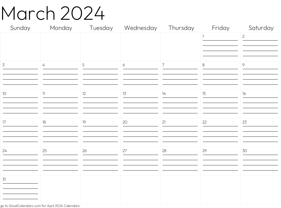 March 2024 Lined Calendar