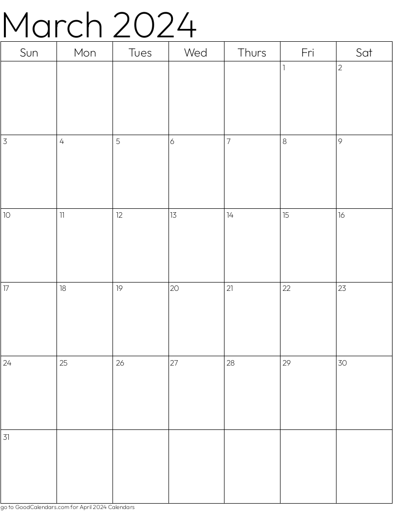 Standard March 2024 Calendar Template in Portrait