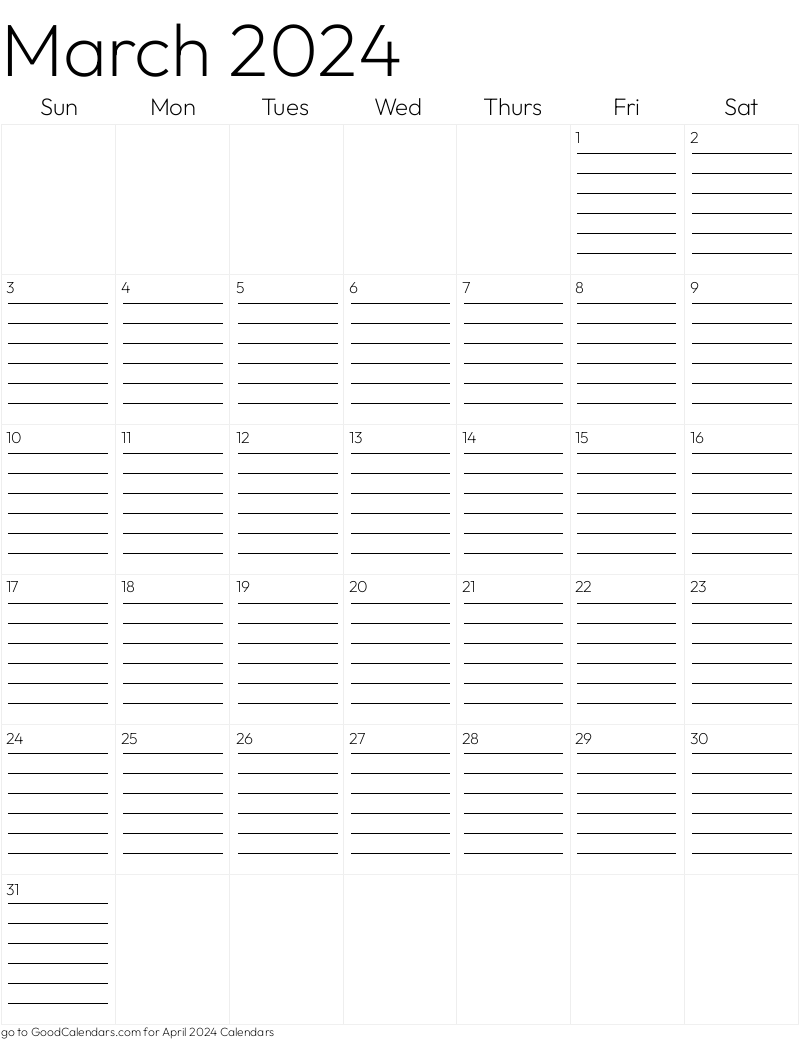 Lined March 2024 Calendar Template in Portrait