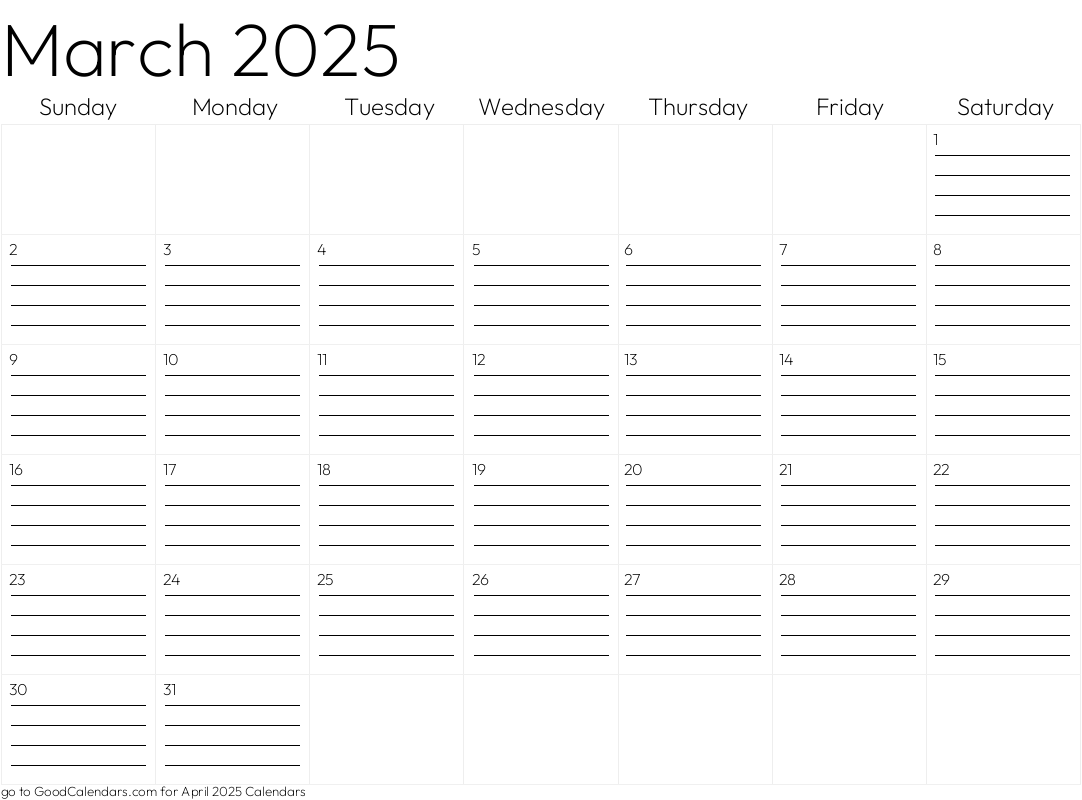 Lined March 2025 Calendar Template in Landscape