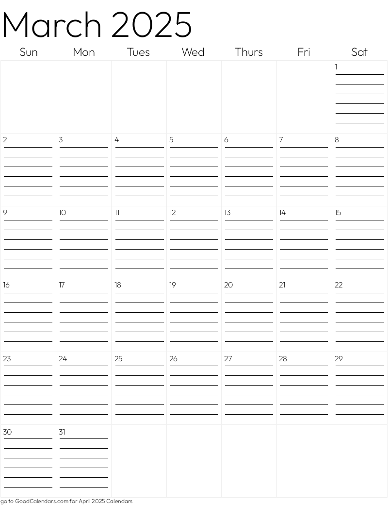 Lined March 2025 Calendar Template in Portrait