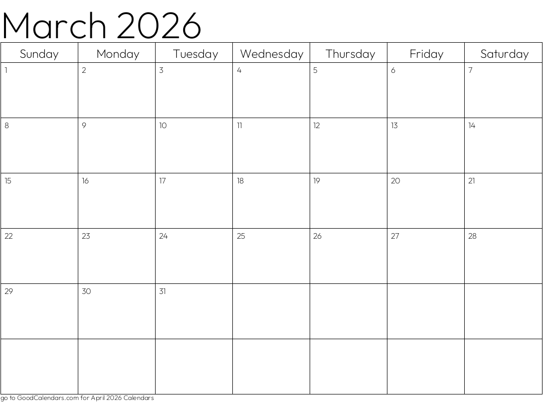 Standard March 2026 Calendar Template in Landscape