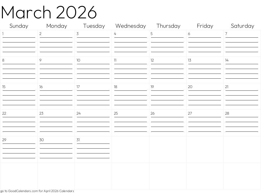 Lined March 2026 Calendar Template in Landscape