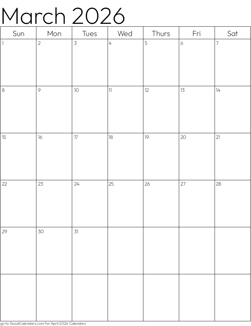 Standard March 2026 Calendar Template in Portrait